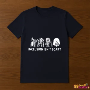 T-shirt mockup showing cute Halloween skeleton, mummy, and ghost SVG design printed on apparel