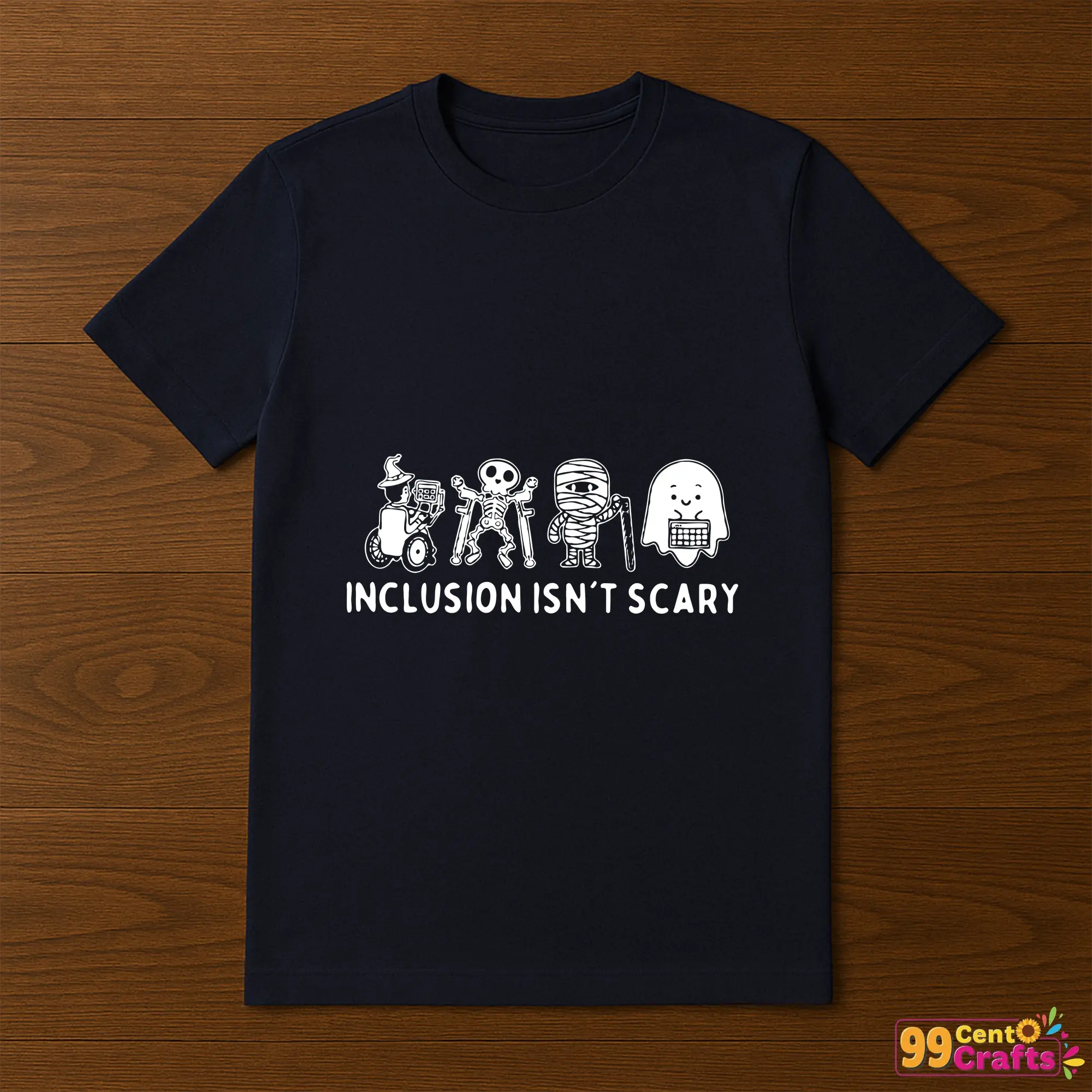 T-shirt mockup showing cute Halloween skeleton, mummy, and ghost SVG design printed on apparel