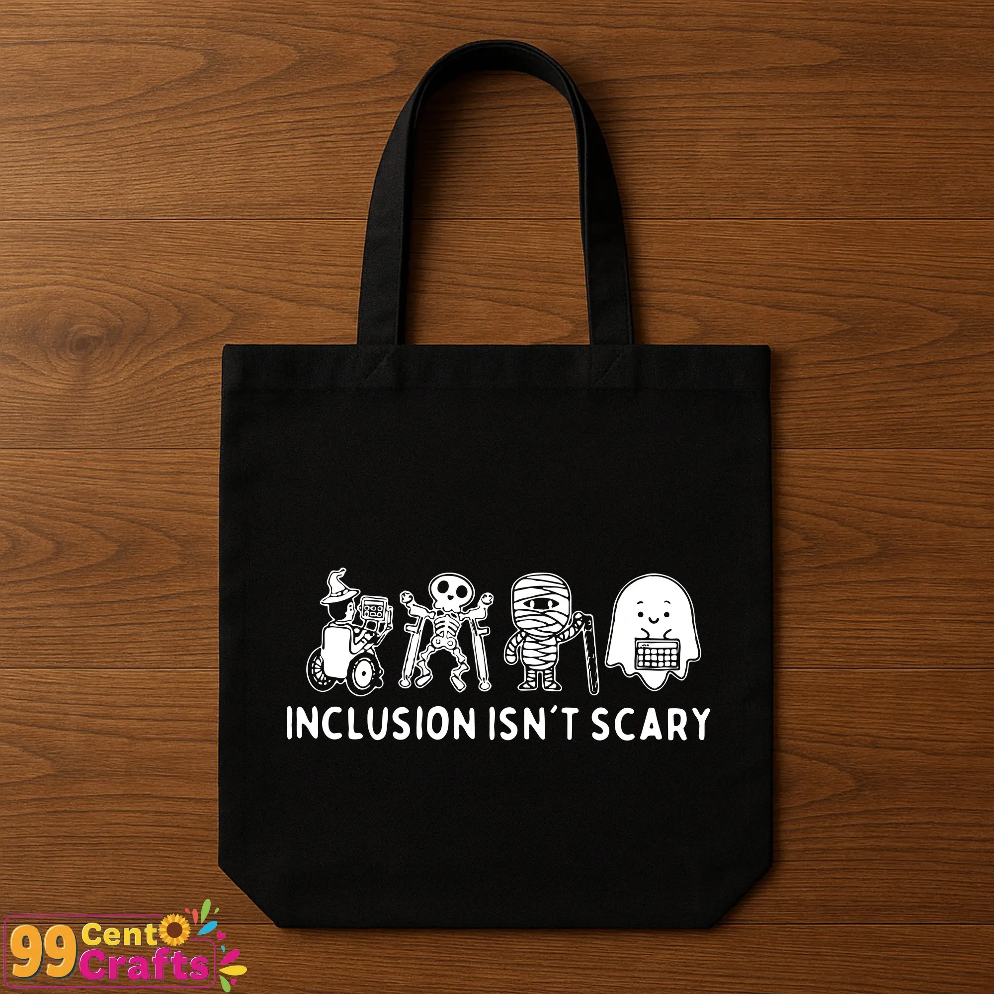 Tote bag mockup displaying playful Halloween skeleton, mummy, and ghost SVG design for DIY crafts