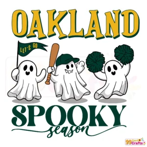 Oakland Athletics Halloween ghost SVG design with spooky season baseball theme for Cricut and Silhouette cutting machines