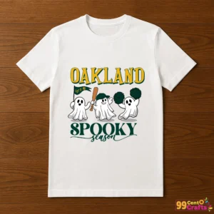Oakland Athletics Halloween ghost design printed on t-shirt mockup showing spooky baseball themed apparel