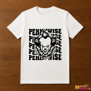 Pennywise IT clown design printed on t-shirt mockup showing Halloween horror themed apparel application