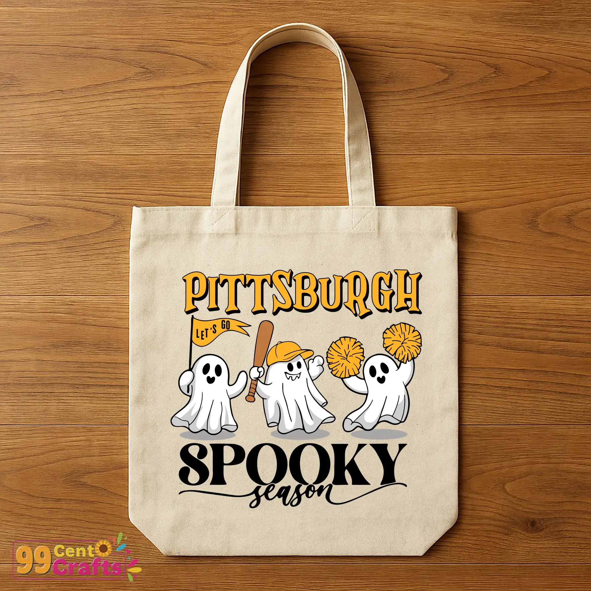 Pittsburgh Pirates Halloween baseball SVG design shown on tote bag mockup for seasonal accessories