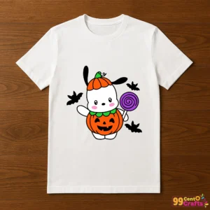 Pochacco Pumpkin Halloween design on t-shirt mockup showing cute Sanrio character perfect for Halloween apparel