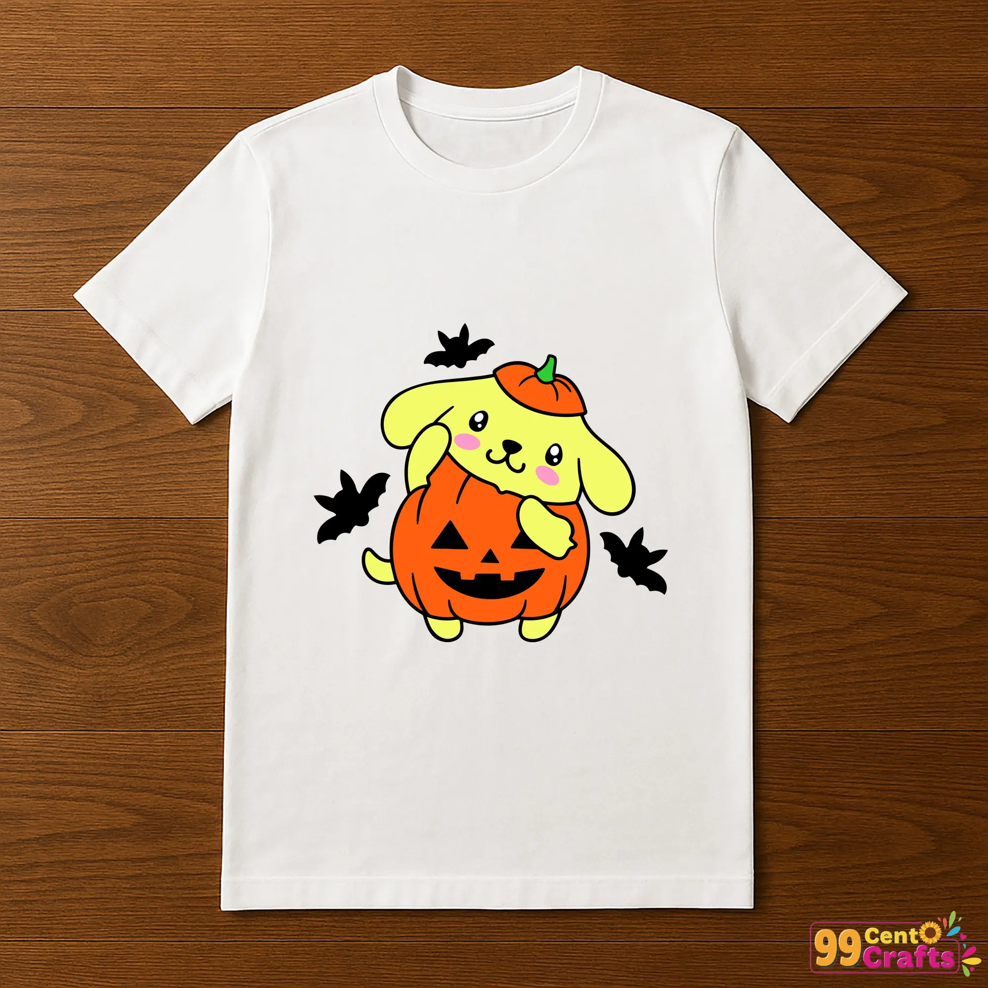 Pompompurin Sanrio pumpkin Halloween design printed on t-shirt mockup showing apparel application