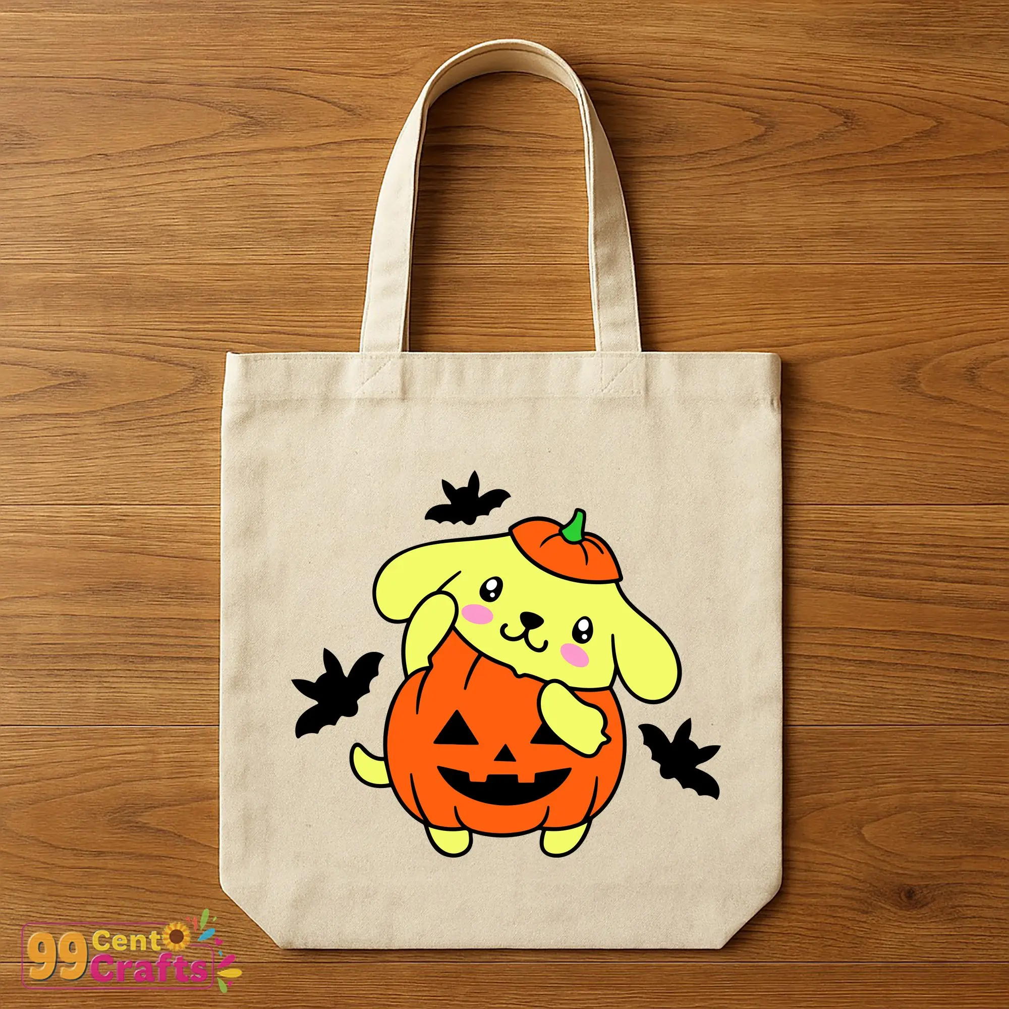 Pompompurin Sanrio pumpkin Halloween SVG design displayed on tote bag mockup for lifestyle use