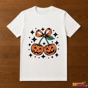 T-shirt mockup featuring cute jack-o'-lantern pair with bow Halloween design for apparel crafting