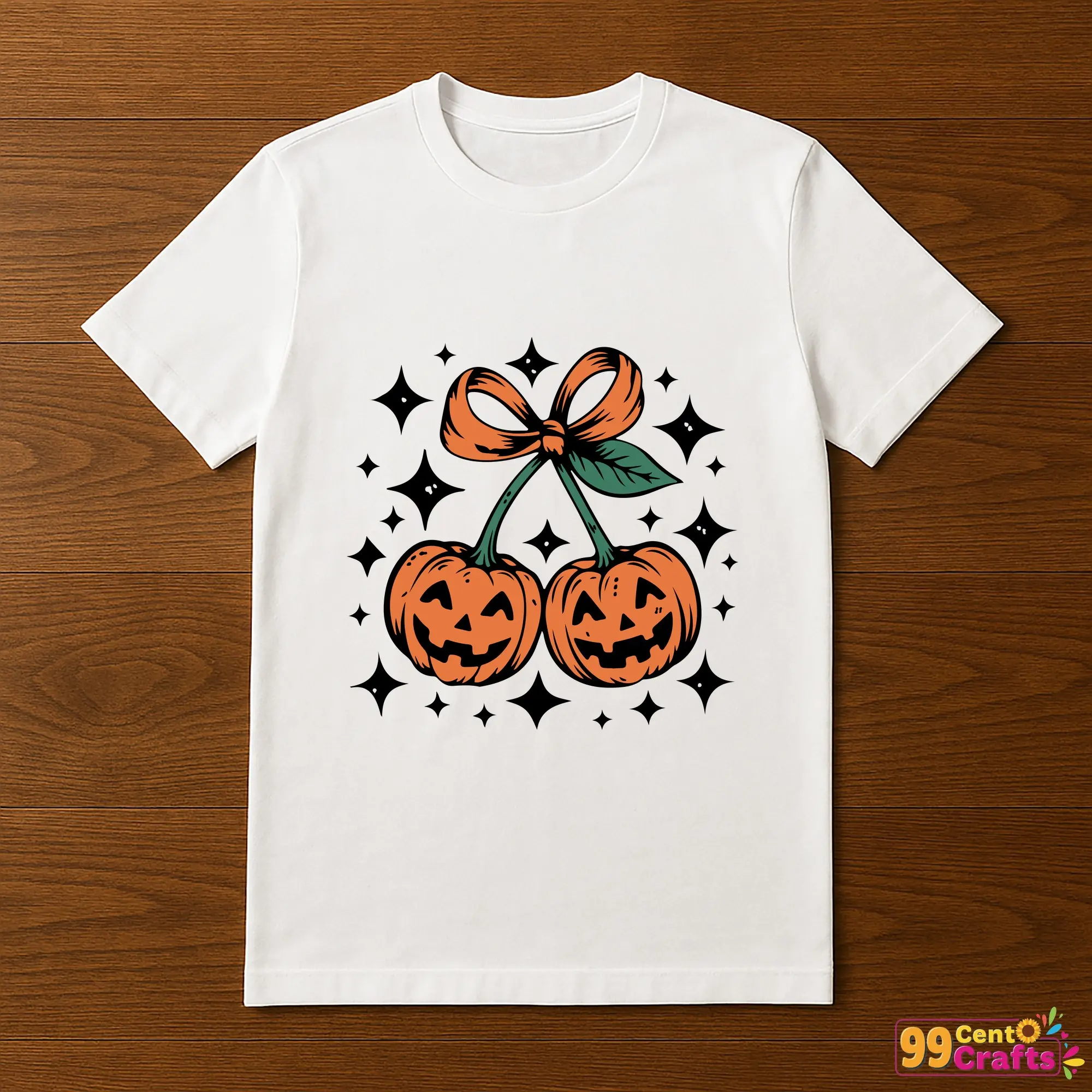 T-shirt mockup featuring cute jack-o'-lantern pair with bow Halloween design for apparel crafting