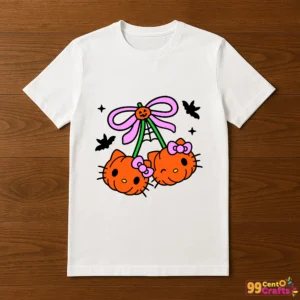 Pumpkin Cherry Hello Kitty design printed on t-shirt mockup showing apparel application