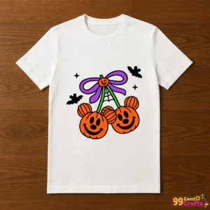 Pumpkin Cherry Mickey design printed on t-shirt mockup displaying Halloween Disney-themed apparel crafting idea