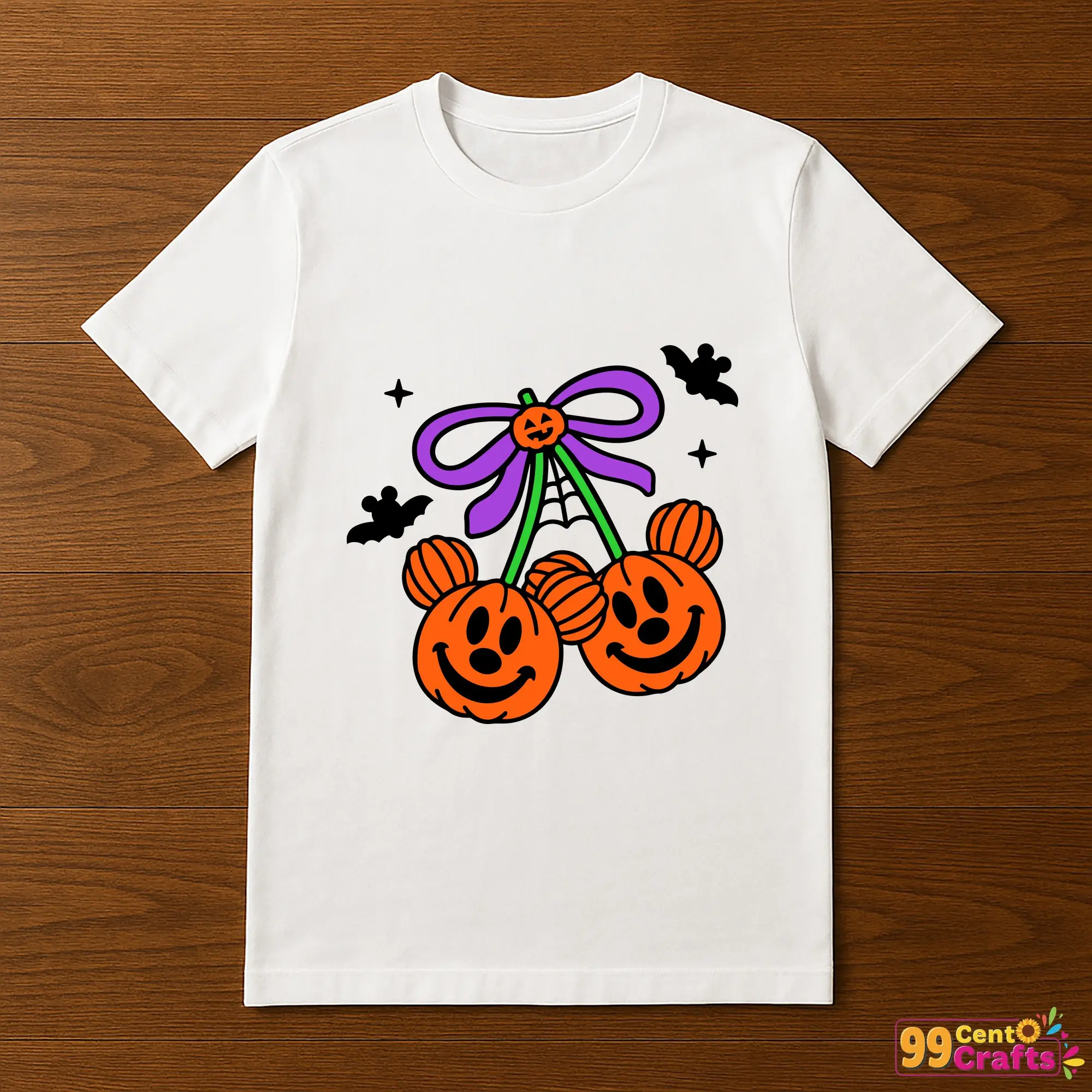 Pumpkin Cherry Mickey design printed on t-shirt mockup displaying Halloween Disney-themed apparel crafting idea