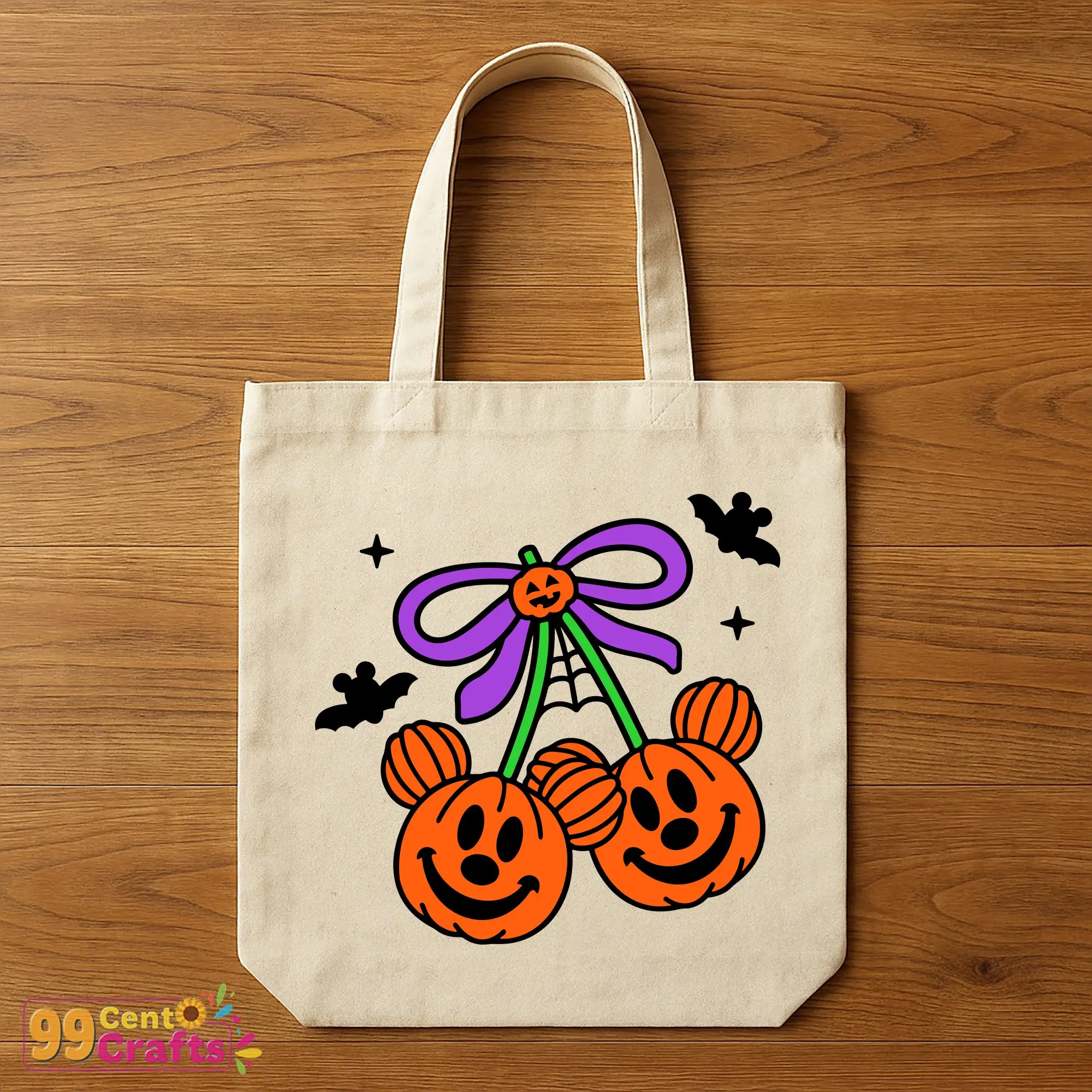 Pumpkin Cherry Mickey SVG design on tote bag mockup showcasing Halloween Disney craft for accessories and gifts
