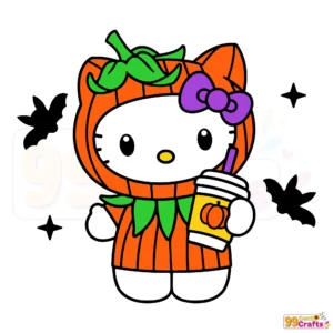 Pumpkin Spice Latte Hello Kitty Halloween SVG design with cute character holding coffee cup