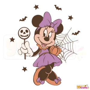 Retro Minnie Halloween SVG design featuring cute pumpkin and candy elements for Cricut and Silhouette cutting machines