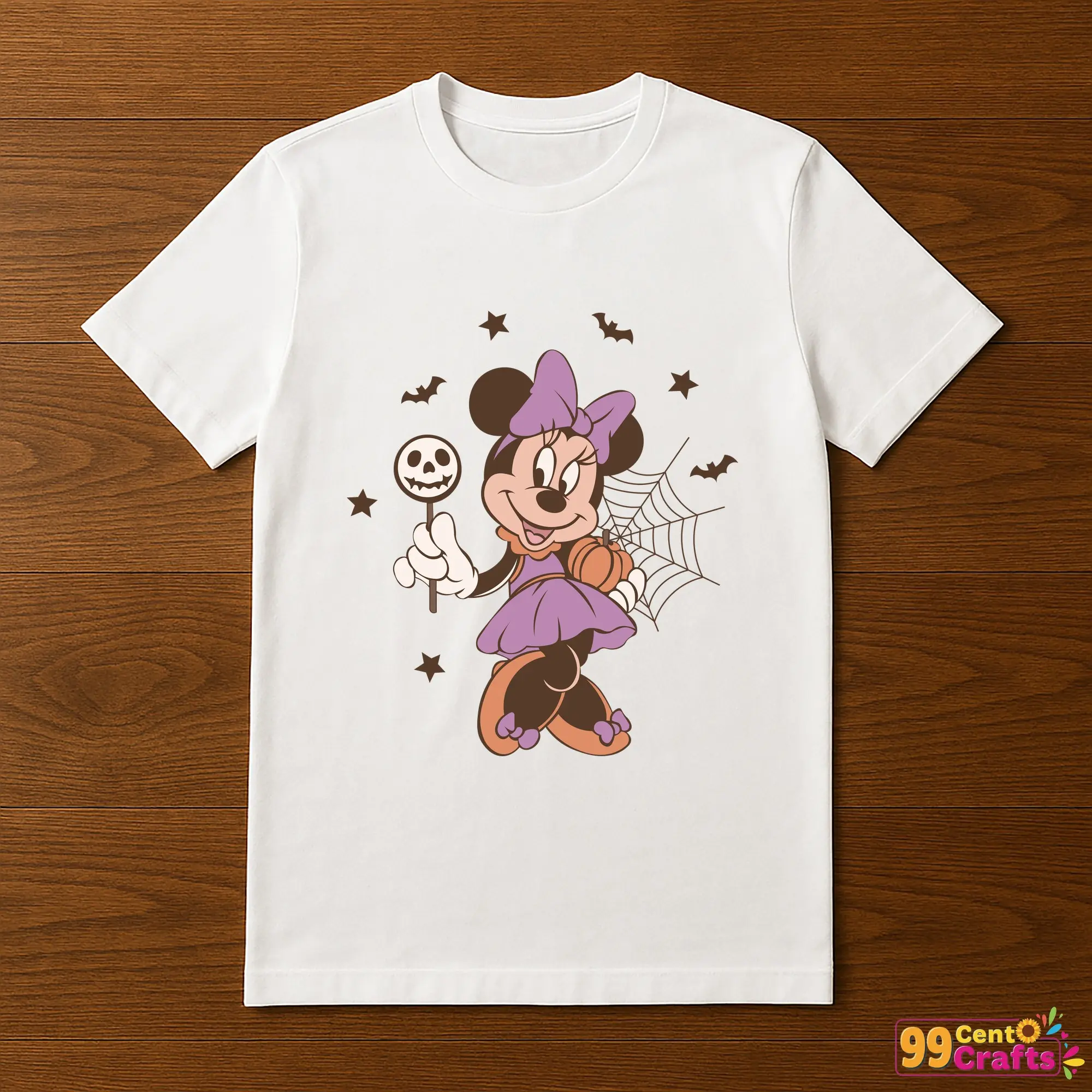 Retro Minnie Halloween design with pumpkin and candy printed on t-shirt mockup showing apparel application