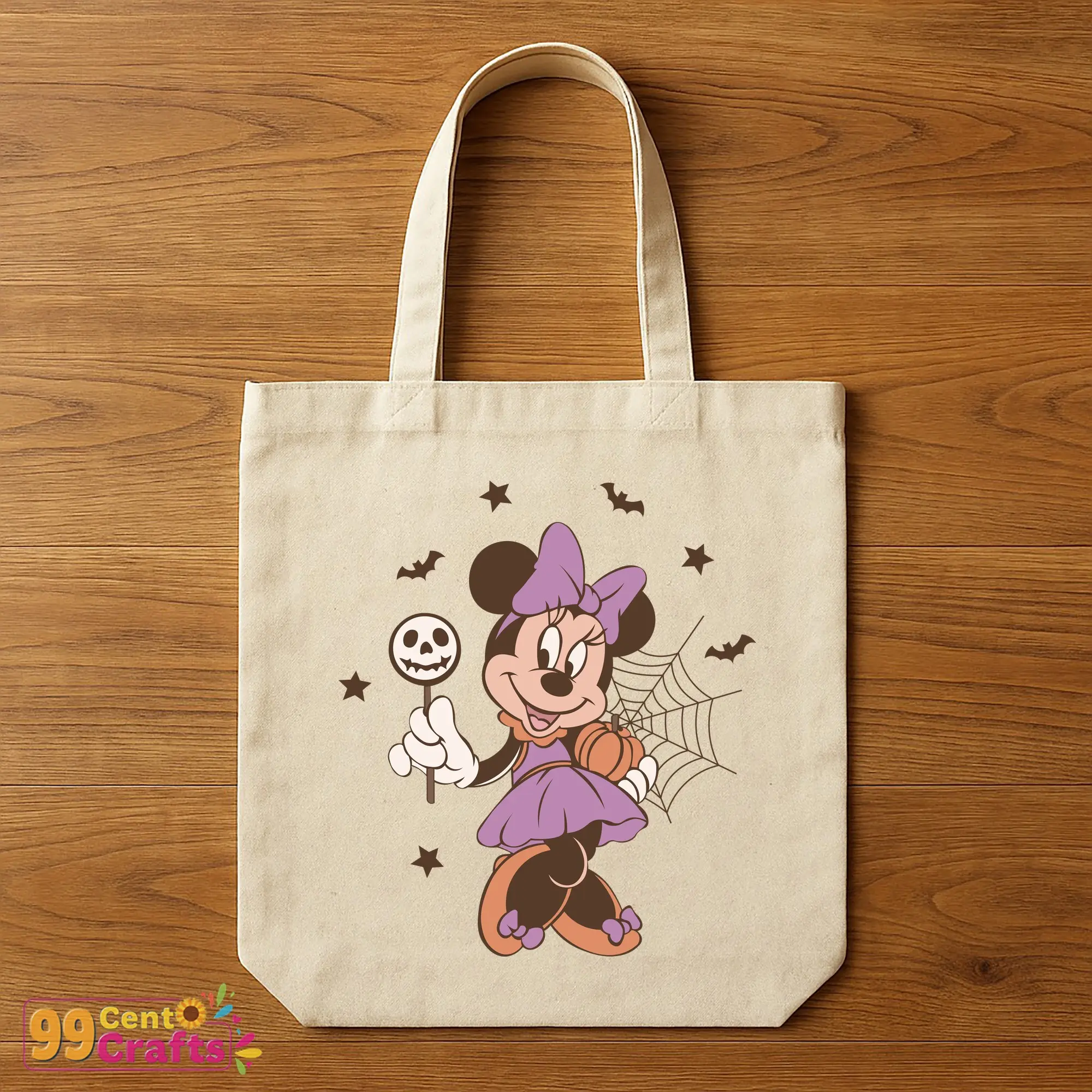 Retro Minnie Halloween pumpkin and candy design displayed on tote bag mockup for lifestyle accessory use