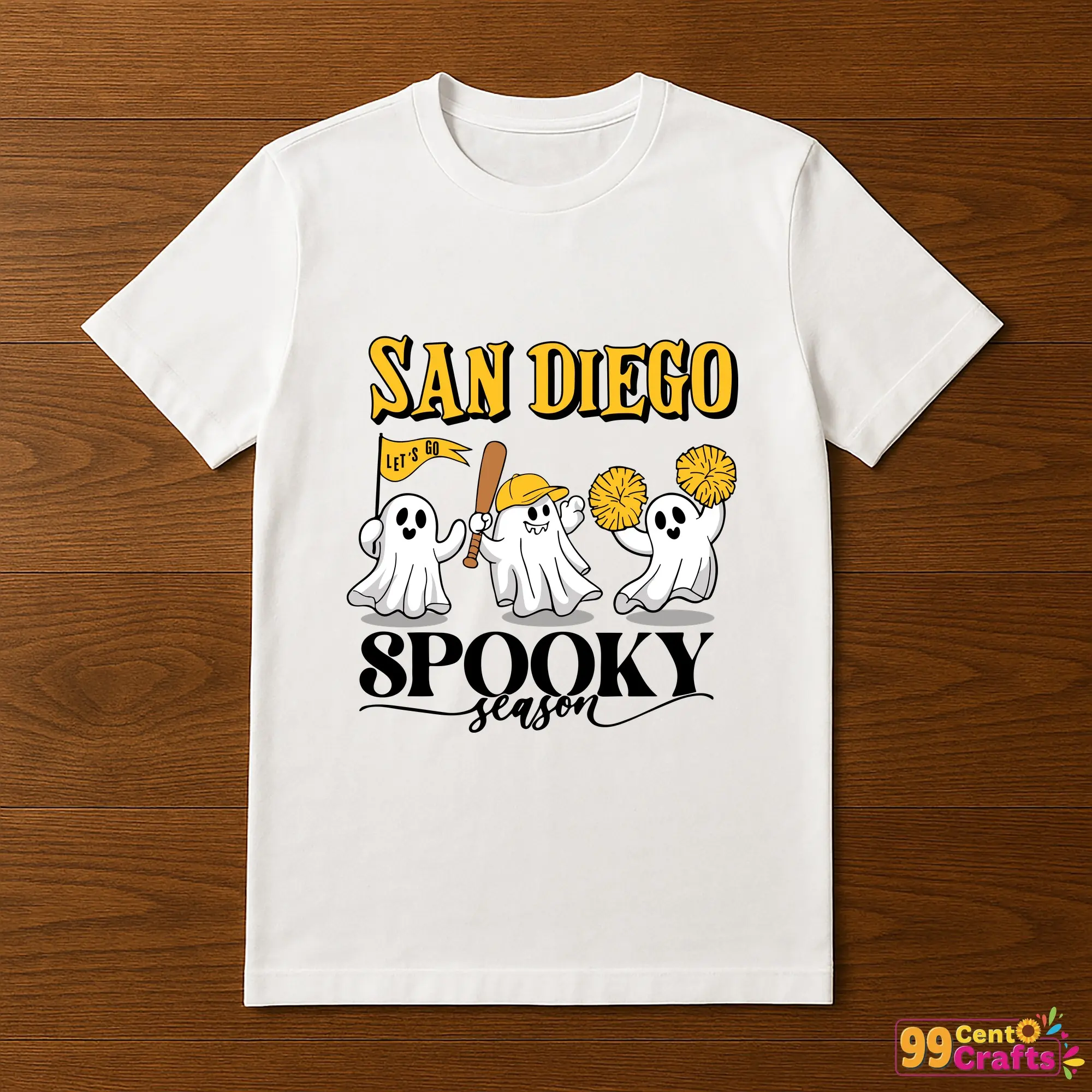 San Diego Padres spooky season SVG design displayed on t-shirt mockup for Halloween crafting