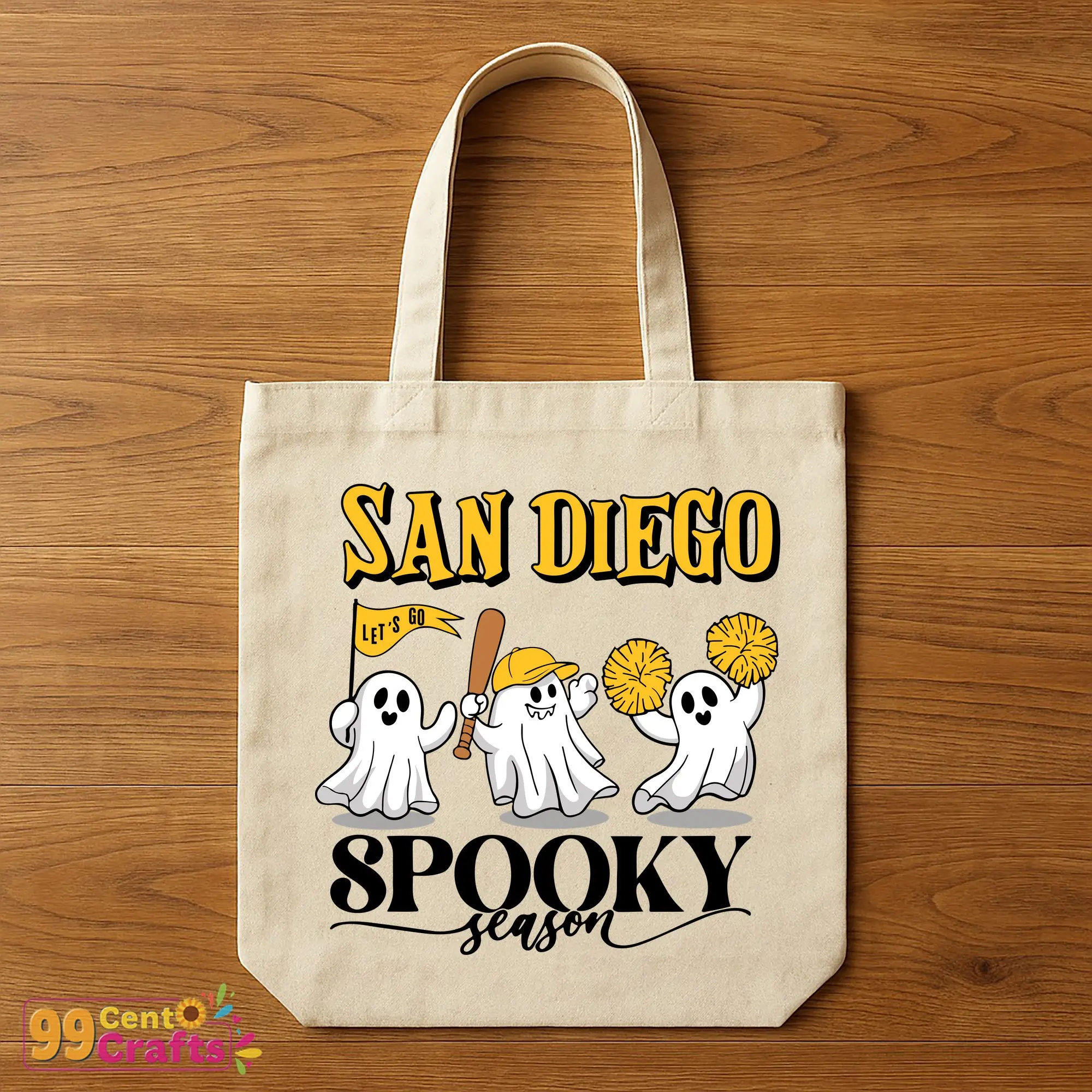 San Diego Padres spooky season SVG design shown on tote bag mockup for Halloween accessories