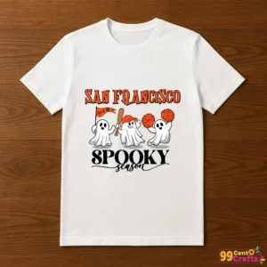 San Francisco Giants Halloween baseball design printed on t-shirt mockup showing spooky season sports apparel