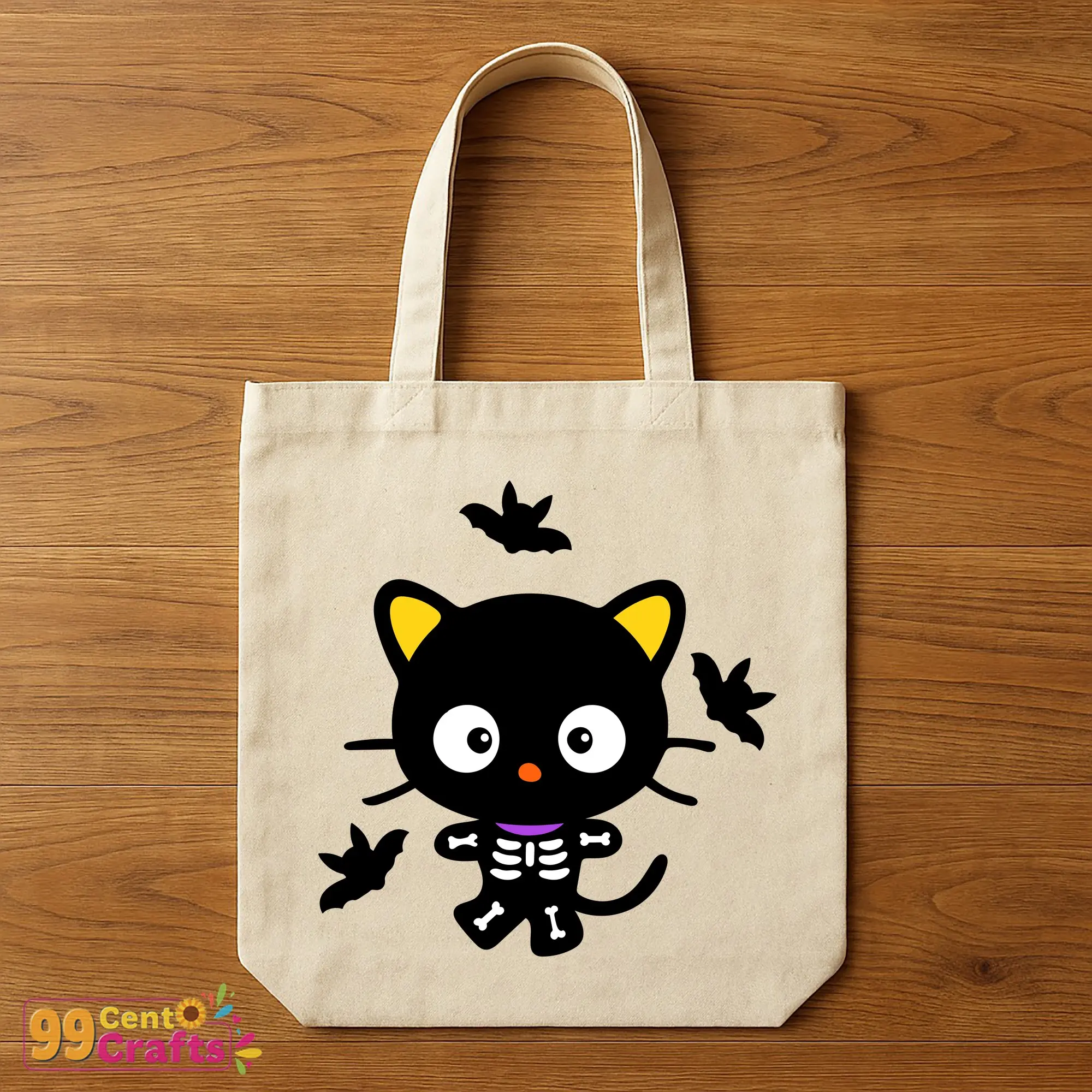Sanrio Chococat skeleton Halloween SVG design on tote bag mockup perfect for trick-or-treat and spooky accessories