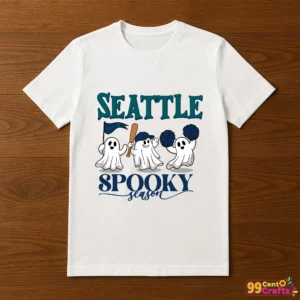 Seattle Mariners spooky season design printed on t-shirt mockup showing Halloween baseball theme