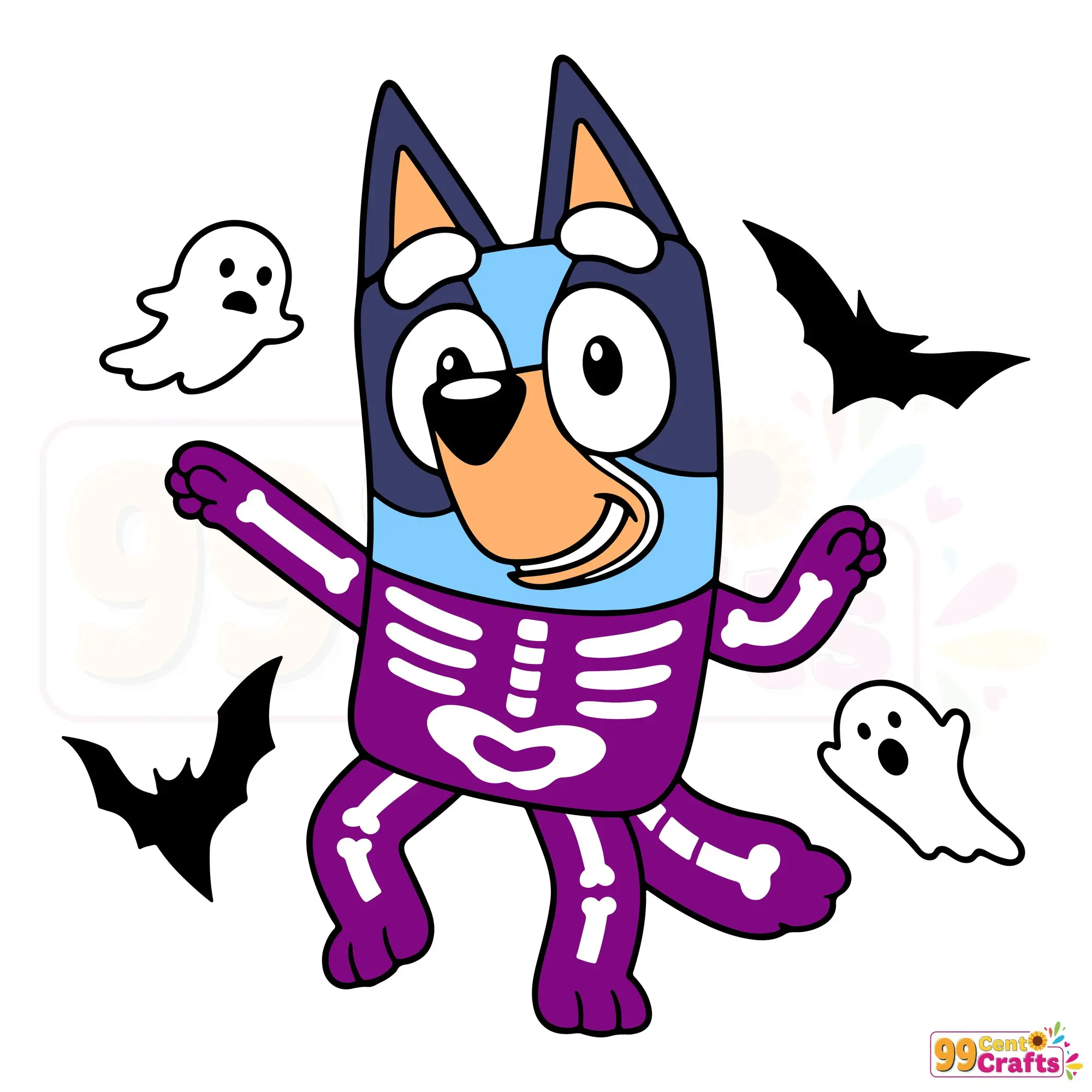 Skeleton Bluey Halloween SVG design showing detailed layered cut file for Cricut and Silhouette machines