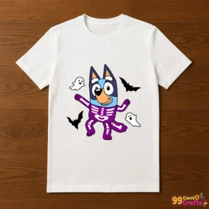 Skeleton Bluey Halloween design printed on t-shirt mockup showing kid-friendly spooky character artwork