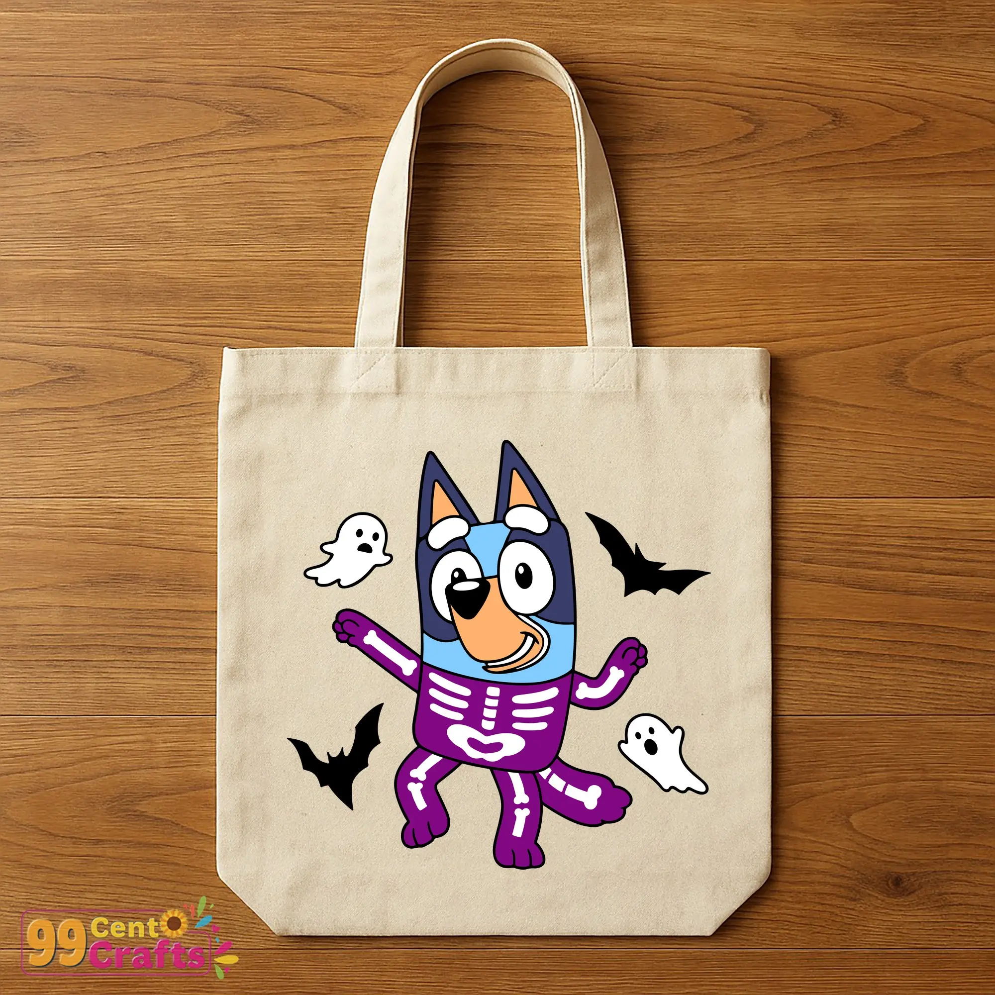 Skeleton Bluey Halloween SVG design applied to tote bag mockup perfect for trick-or-treat accessories