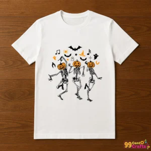 Skeleton Pumpkin Head design printed on t-shirt mockup showing spooky Halloween SVG for apparel crafting