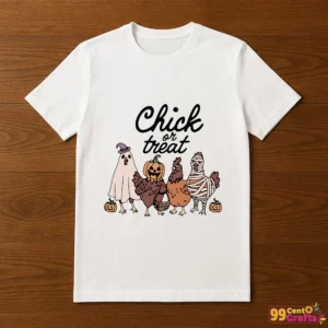 Halloween t-shirt mockup featuring funny spooky chicken with Chick Or Treat pun design