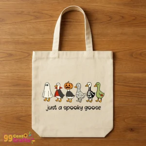 Halloween goose costume SVG design displayed on t-shirt mockup showing spooky funny clipart apparel application