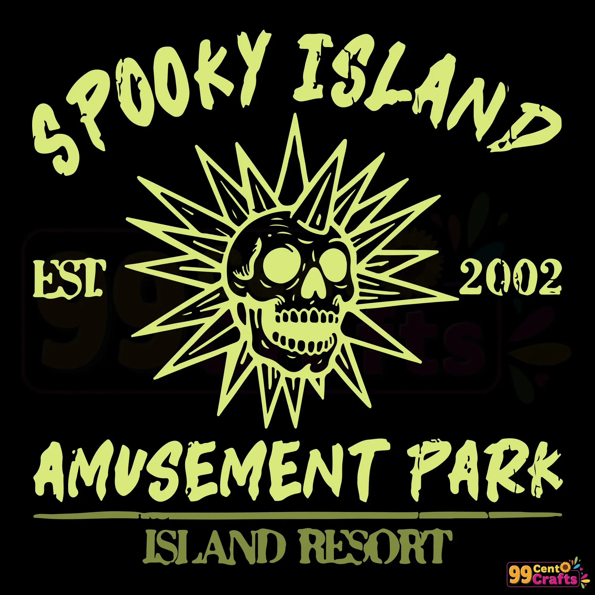 Spooky Island amusement park skull SVG design with intricate details perfect for Halloween crafts and Cricut cutting