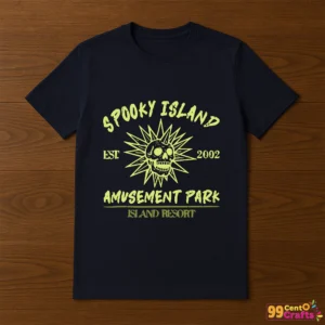 Spooky amusement park skull design printed on t-shirt mockup showing Halloween themed apparel application