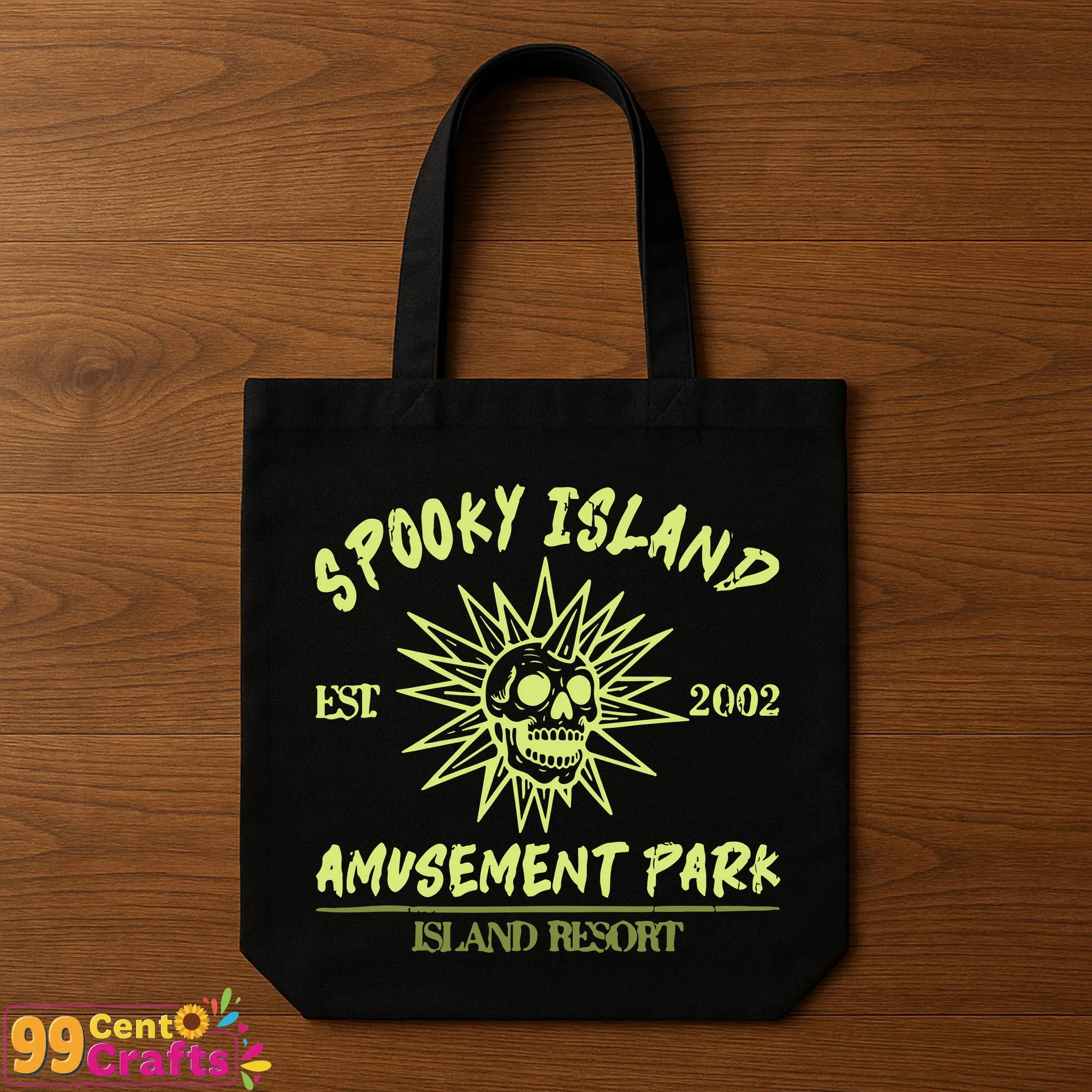 Spooky Island skull SVG design displayed on tote bag mockup for Halloween accessories and lifestyle use