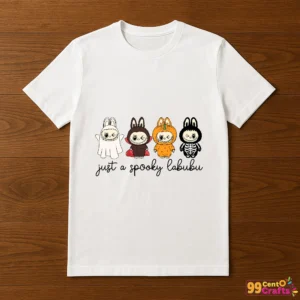 T-shirt mockup featuring Spooky Labubu Halloween design with cute ghost, pumpkin, skeleton and vampire characters