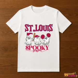 St Louis Cardinals Ghost Halloween SVG design displayed on t-shirt mockup for spooky baseball apparel
