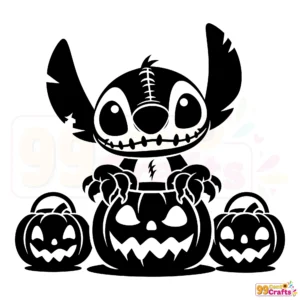 Stitch Halloween SVG design featuring cute cartoon character holding pumpkin basket for crafting projects
