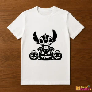 Stitch Halloween pumpkin basket design printed on t-shirt mockup showing cartoon character crafting application