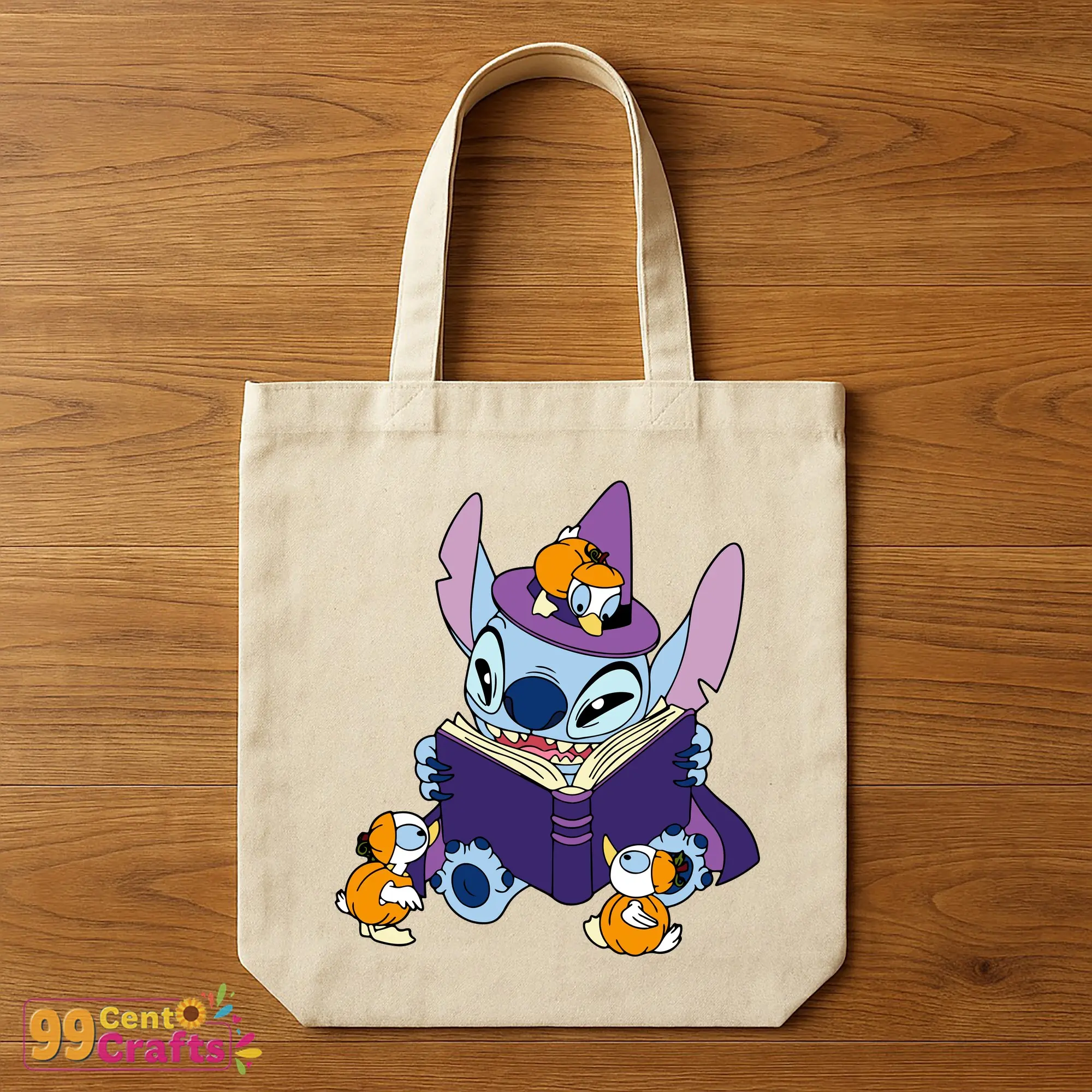 Tote bag mockup showing Stitch Witch Halloween SVG design printed