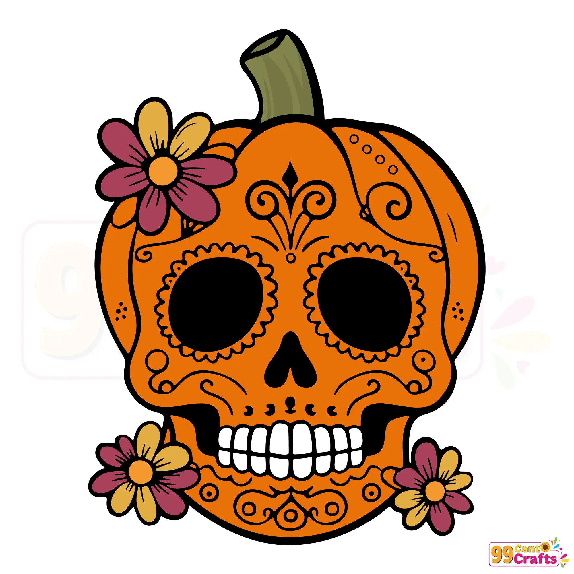 Sugar skull pumpkin Halloween SVG design with decorative Day of the Dead patterns and floral details