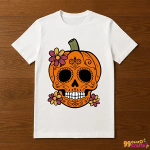 Sugar skull pumpkin Halloween design printed on t-shirt mockup showing Day of the Dead themed apparel