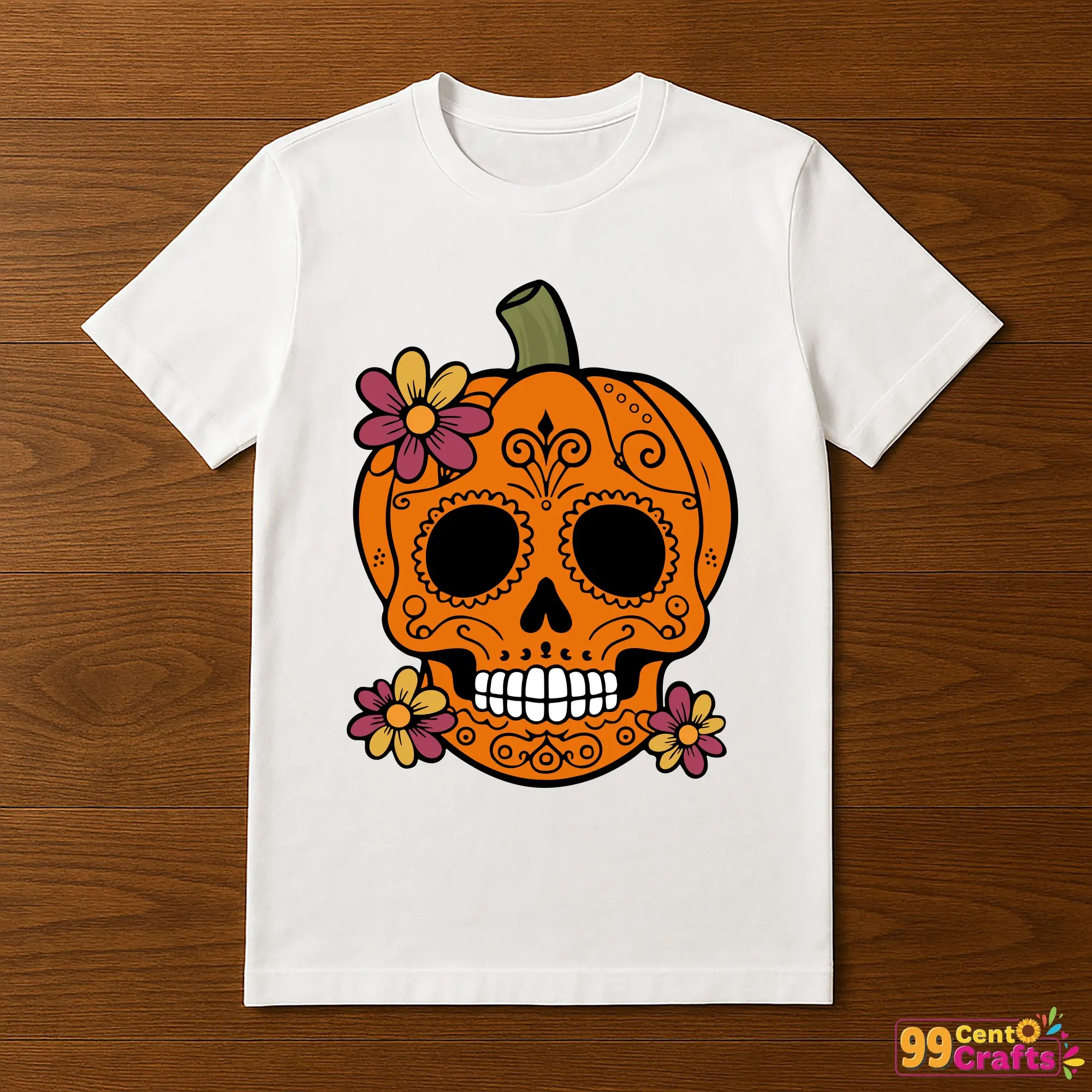 Sugar skull pumpkin Halloween design printed on t-shirt mockup showing Day of the Dead themed apparel