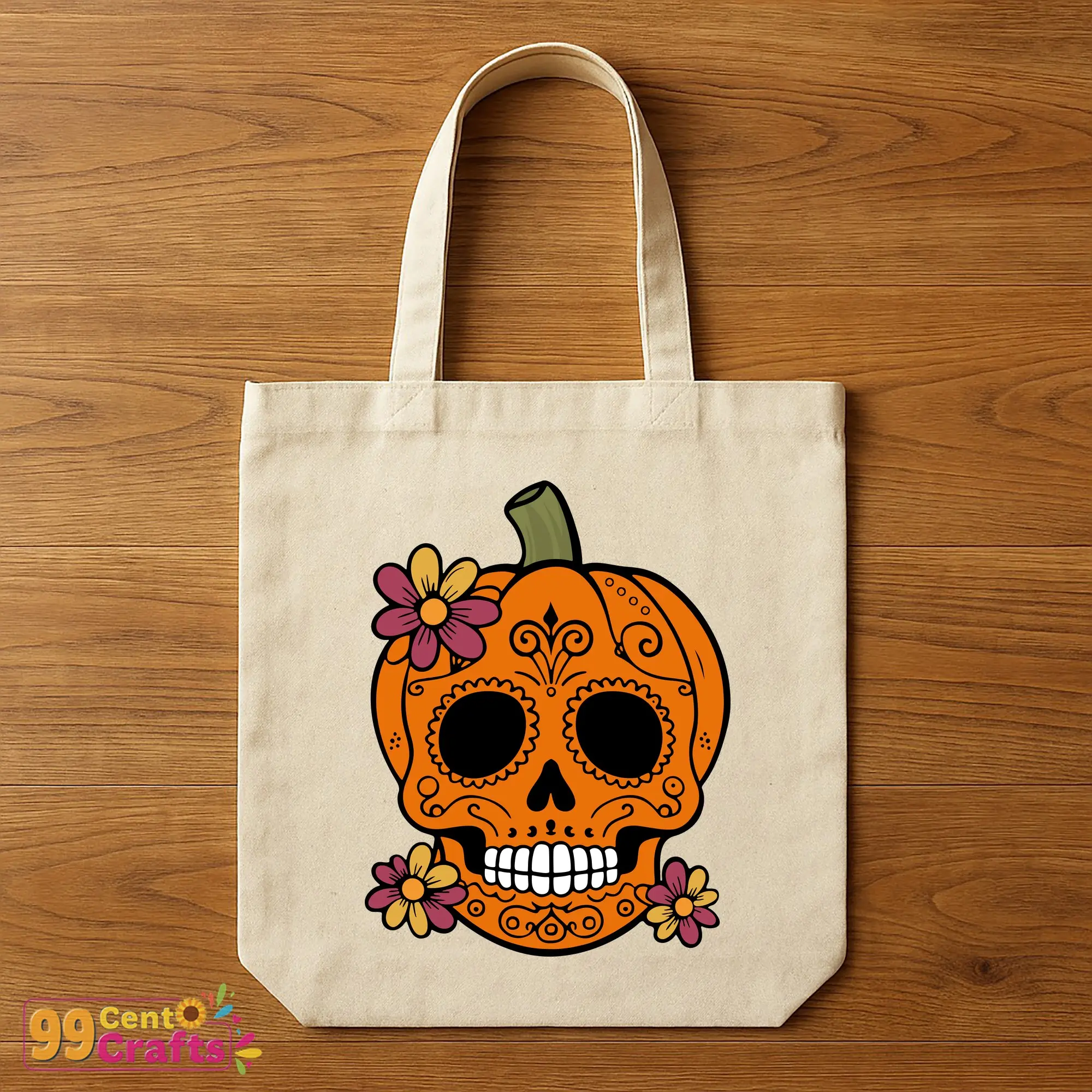 Sugar skull pumpkin Halloween design on tote bag mockup perfect for Day of the Dead celebrations