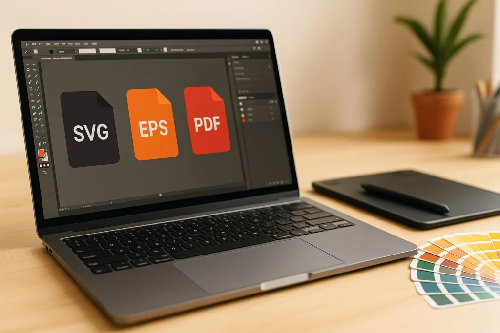 Laptop showing vector editing software with SVG, EPS, and PDF file icons on screen beside a stylus, tablet, and color palette in a bright creative workspace
