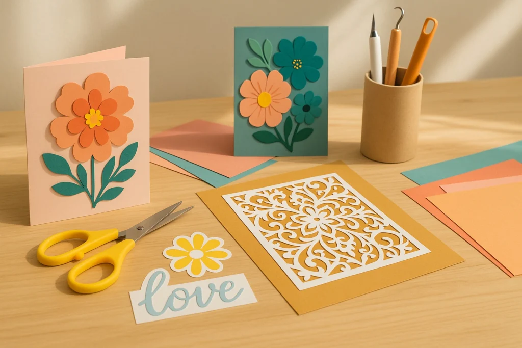 Beautiful handmade paper crafts and vinyl decals created using SVG files on a bright crafting desk with tools and materials