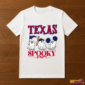 Texas Rangers spooky ghost Halloween design on t-shirt mockup for baseball fans during spooky season