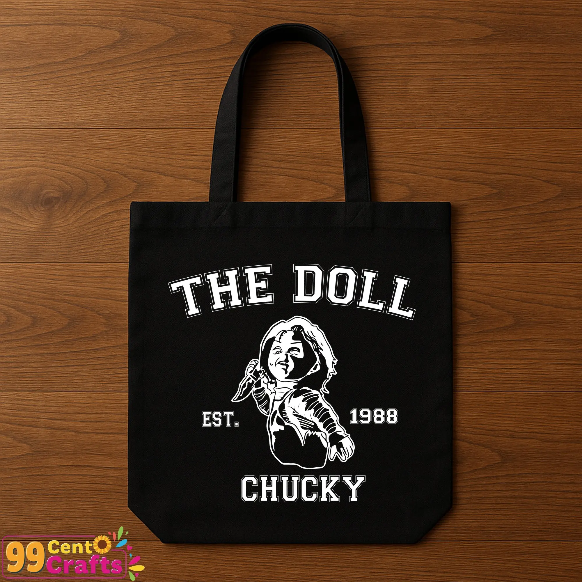 The Doll EST 1988 Chucky horror design printed on a tote bag mockup