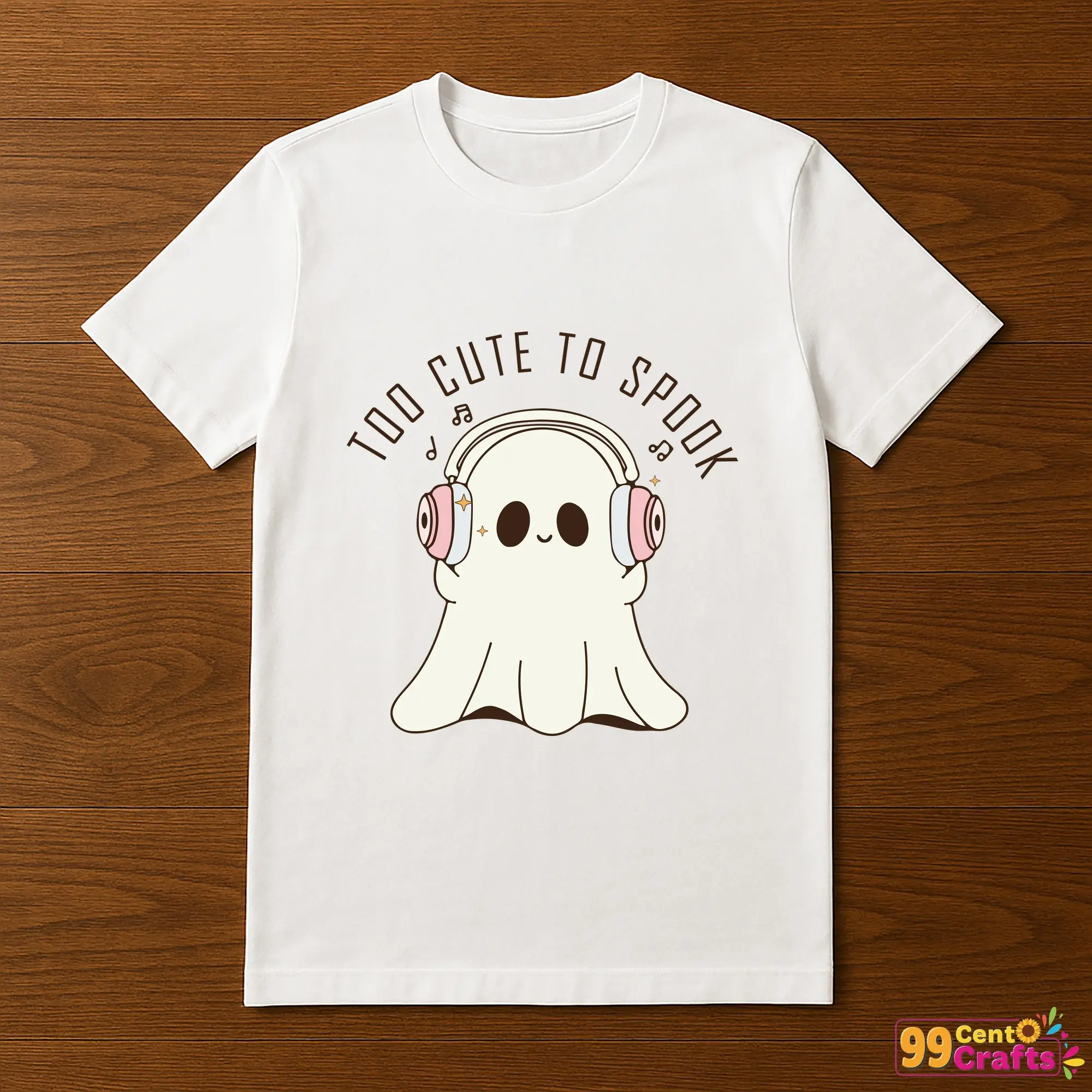 Halloween ghost with headphones design printed on T-shirt mockup