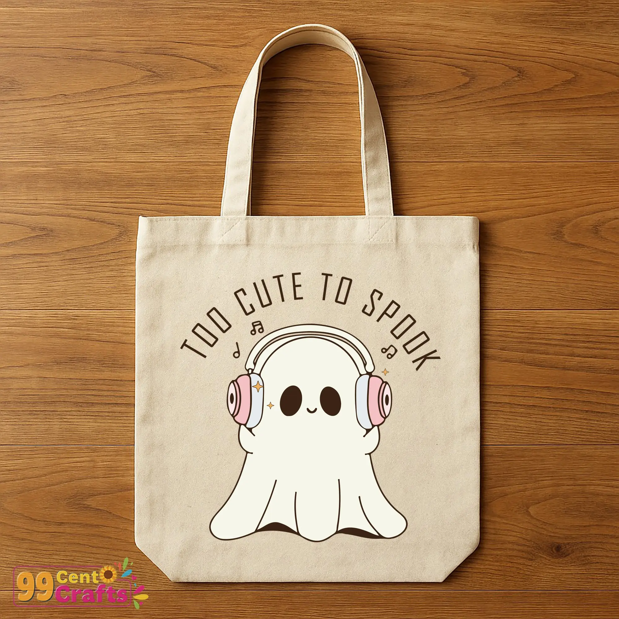 Too Cute To Spook ghost with headphones design on tote bag mockup