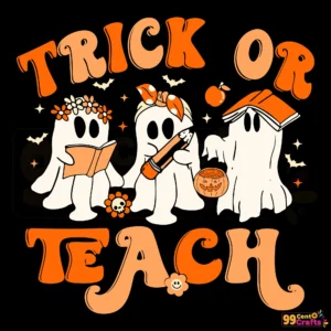 Trick or Teach floral ghost teacher Halloween SVG design with decorative flowers and educational theme